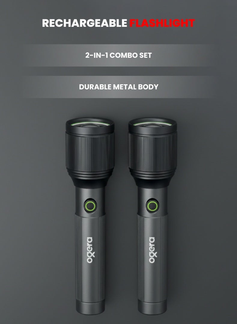 Ogera Rechargeable LED Flashlight 2-Pack | 30W High-Power Torch | 3000 Lumens Brightness | 4000m Long-Range Beam | USB Type-C Charging | IPX5 Waterproof | Zoom Function & SOS Mode | 2-Year Warranty | OG1100SLC22 | Black - Image 1